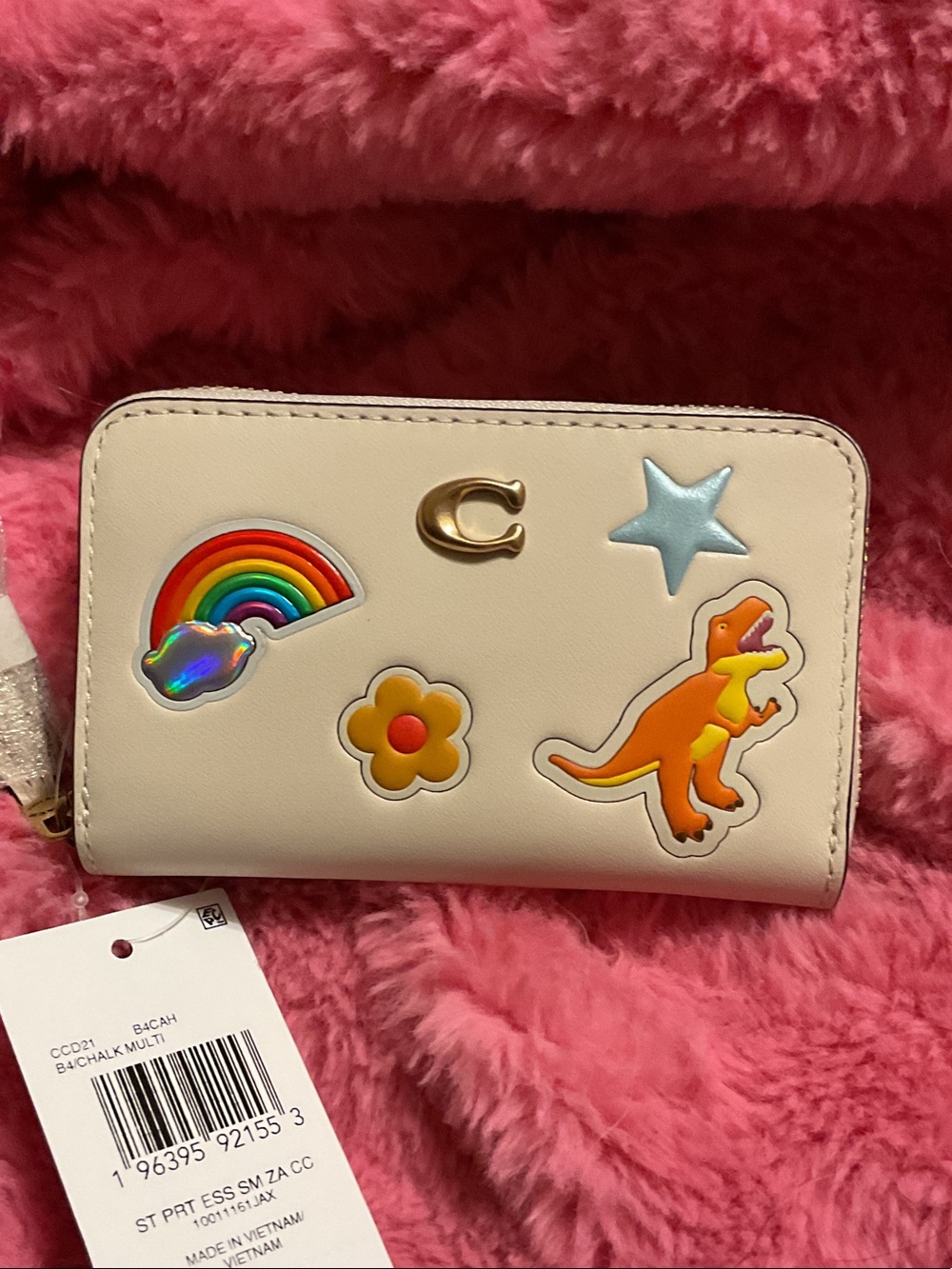 Coach Kids Cream Zip Wallet with Rainbow & Dino Patches